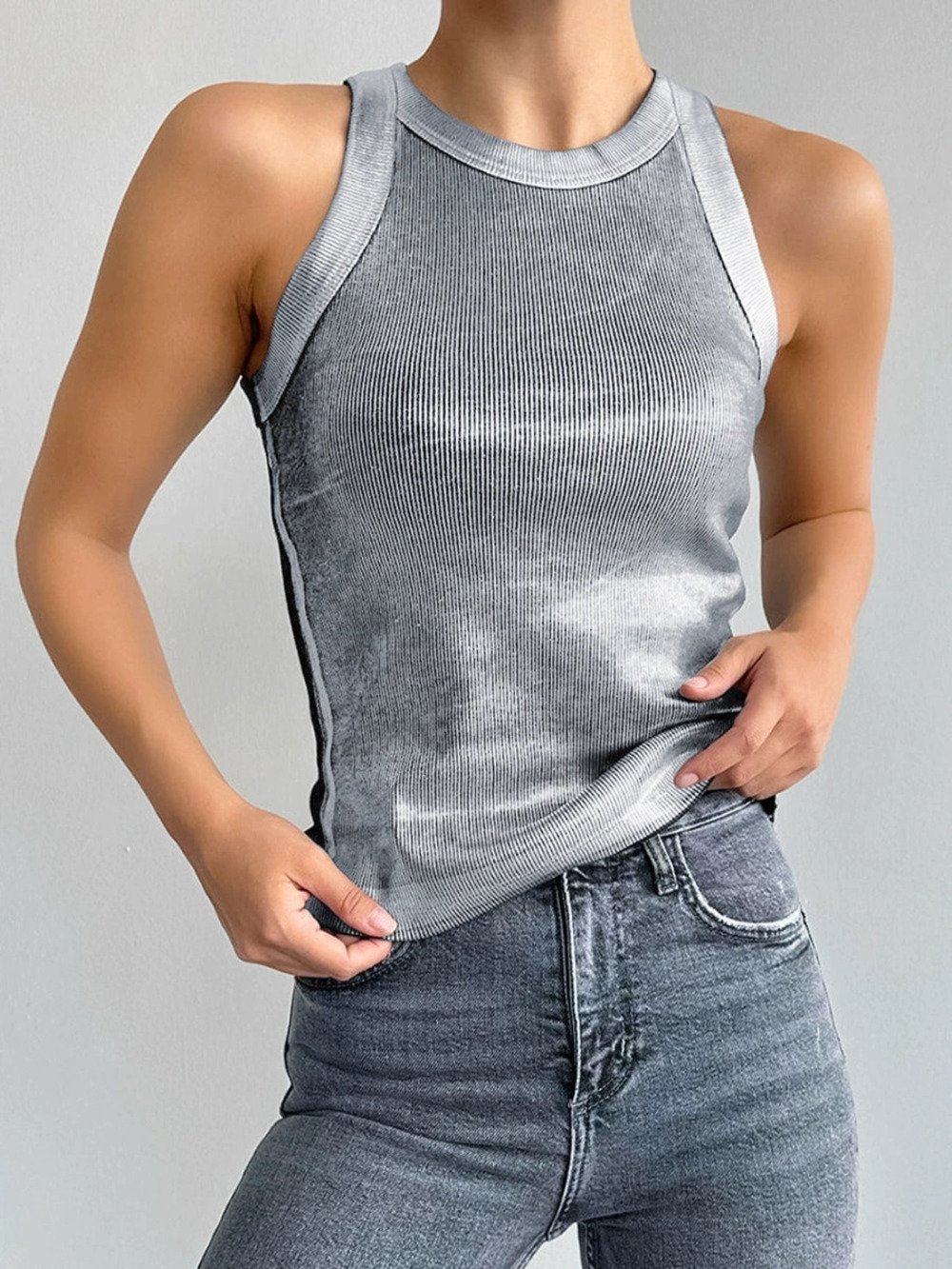 Forever 21 Futuristic Silver Knit Tank Top Summer Slim Fit